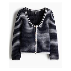 Nautical Striped Cardigan Top XS Navy Blue Gold Button Crop Sweater Preppy Twee